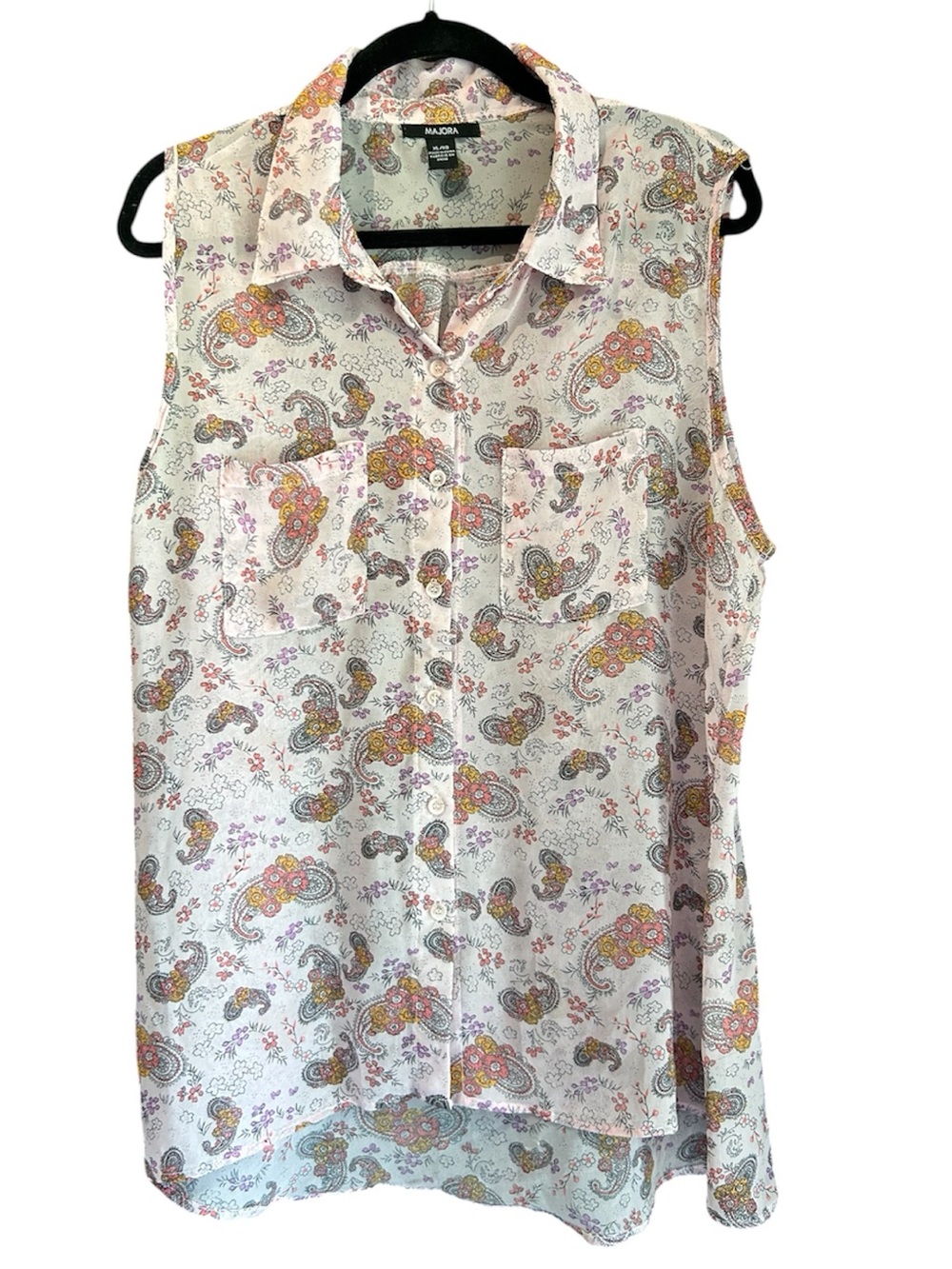 Sleeveless Paisley Button-Front Camisole - White with Multicolor Print